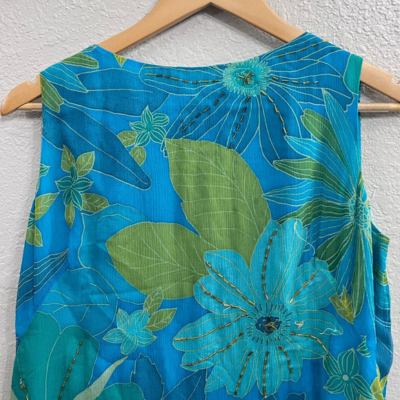 VINTAGE MAGGY LONDON TEAL BLUE FLORAL SLEEVELESS ASYMMETRICAL LAYERED DRESS 12 - Picture 2 of 10
